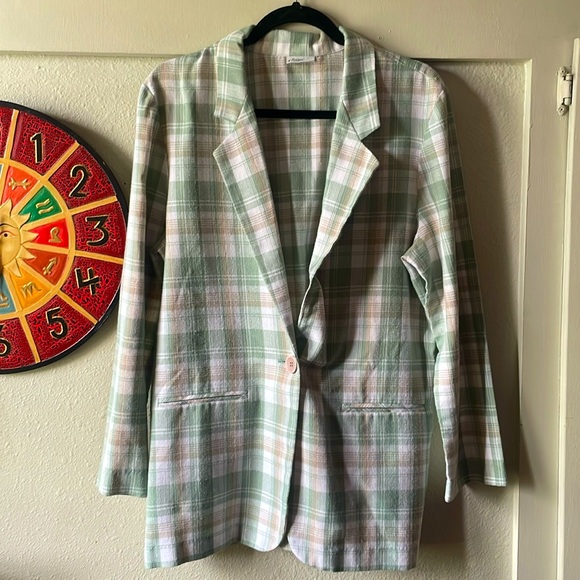 Vintage Modern Essentials green plaid button lightweight blazer - Picture 1 of 7
